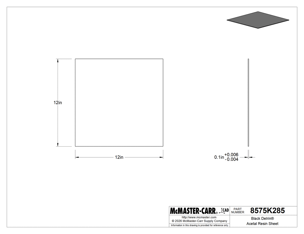 Technical Drawing of Black Delrin® Acetal Resin Sheet, 0.10" Thick, 12" Wide x 12" Length.